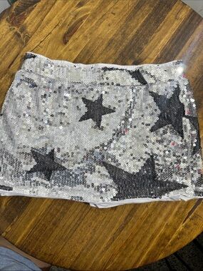 SHEIN Silver Sequin Mini Skirt with Black Star Accents